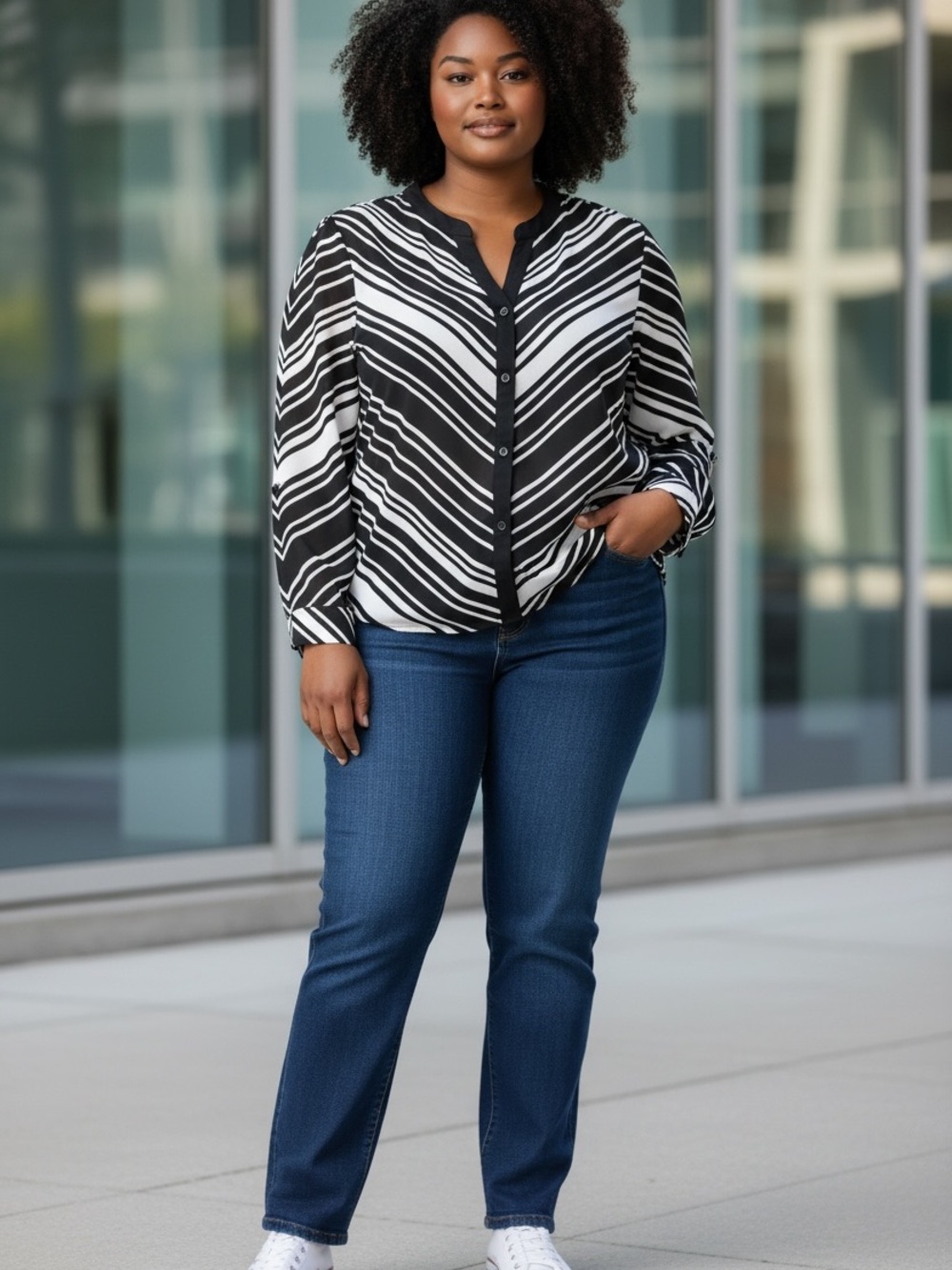Peter Nygard Black & White Striped Button-Front Blouse-EUC